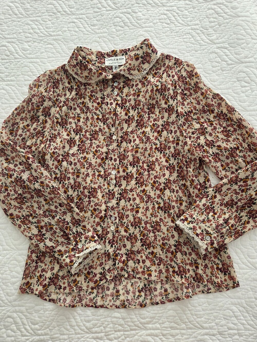 Emile et Ida Womens Floral Button-Front Blouse in Cream and Burgundy